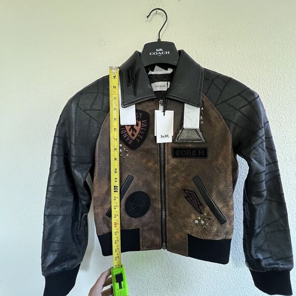 Coach Rare Women’s Embellished Varsity Leather Jacket Patchwork Sleeves Size 0 - Picture 7 of 9